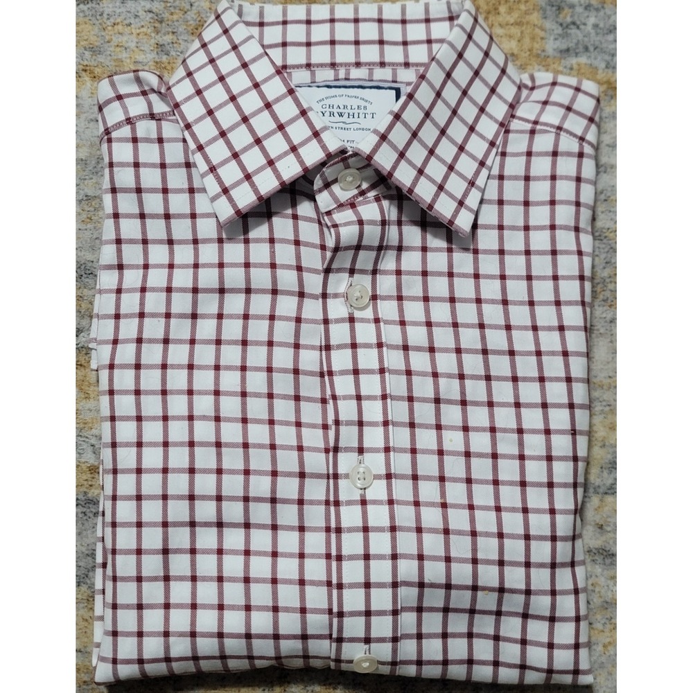 Charles Tyrwhitt Men's Red‎ White Check Non-Iron Slim Fit Dress Shirt Size 15/34